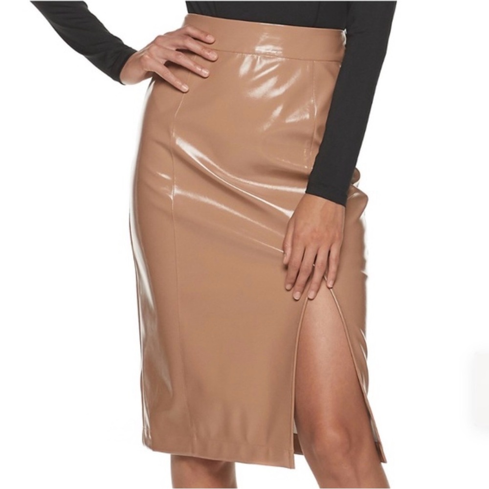 NWT! Faux Leather Nude Pencil Skirt Cara Santana Apt 9 Slit High Waist Midi